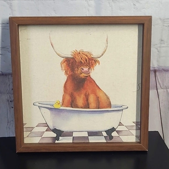 Highland Cow Texas Country Cattle Bathtub Rubber Duck Wood Framed Canvas Print - Picture 4 of 16